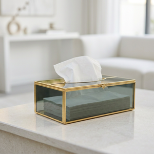 Wholesale Modern Luxury Brass Metal Framed <b>Black</b> Glass Tissue Holder Box for Home & Weddings Decoration - Product Image 1