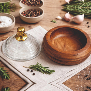 ชามไม้ทรงกลมคลาสสิกระดับพรีเมียม ฝาครอบแก้วทรงโดม พร้อมหัวประดับทองเหลือง |   ภาชนะเก็บของอเนกประสงค์ตกแต่งบ้านที่เป็นมิตรกับสิ่งแวดล้อม - Product Image 1