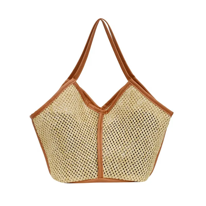 2024 popular straw woven handbag with pu handle handmade straw basket casual tote bag set for women