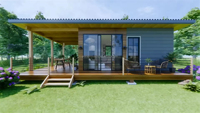 Maisonnette de luxe préfabriquée de 32 m² avec 2 chambres, bureau, construction légère en acier, ignifuge, terrasse avant, salon et cuisine