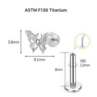 Perhiasan tindik JiaXin ASTM F136 Titanium Grade Implant, tanpa ulir, flat back, labret stud, untuk bibir, helix, conch, dengan inlay zircon berbentuk hati, ukuran 16G