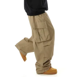 Yüksek kalite özel moda erkekler İpli bel cepler yan gevşek düz kargo pantolon Baggy Joggers pantolon