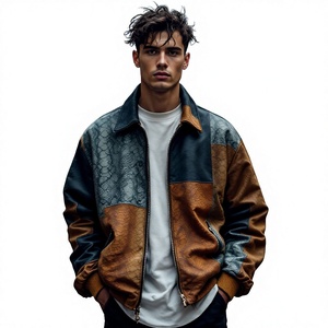 Chaqueta de cuero para hombre estilo bomber con patchwork de piel de vaca, estampado de serpiente, cierre de cremallera, cuello vuelto, estilo motociclista, para otoño. - Product Image 2