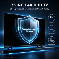 Téléviseur 75 pouces 4K UHD avec verre trempé, support mural fin, cadre en alliage d'aluminium noir ultra-clair