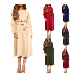 Elegante Ropa de Mujer Personalizada, Vestidos Americanos Formales de Manga Larga y Cintura Alta, Corte Entallado, Diseño Sólido, Colección Otoño, con Cinturones - Product Image 1
