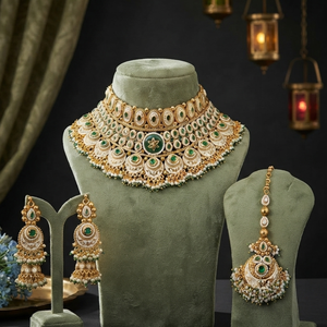 Traditional Imitation Antique Copper Plated Vintage Choker Necklace <b>Set</b> with Emerald Green Gemstones Tikka for Women Wedding - Product Image 3