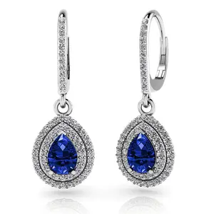 925 Silver Jewelry Women Vintage Teardrop Blue Tanzanite Cubic Zirconia Leverback Dangle Halo Drop Earrings