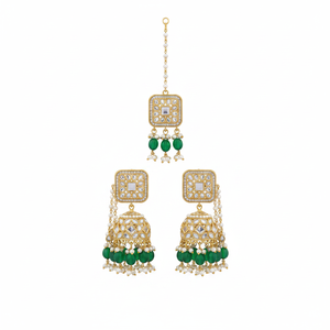 Bridal Ethnic Chandelier Earrings Claw Setting Pearl Chain <b>Matching</b> Maang Tikka Gold Plated Vintage Traditional Jewelry Studded - Product Image 2