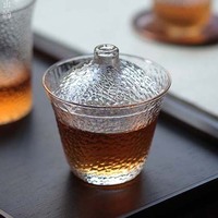 Bol en verre épais, écologique, durable, résistant à la chaleur, de qualité alimentaire, avec couvercle, GAIWAN, texture martelée, transparent, ensemble de thé Sancai
