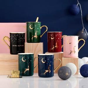 Nordic Style Reindeer Moon Stars Pattern Gold Ceramic Coffee Mug Gold Handle 400ml+ <b>Lid</b> Spoon Dishwasher Safe <b>Large</b> Capacity - Product Image 1