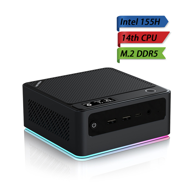 Intel Core Ultra 7 155H Mini PC 16core 22thread DDR5 M 2 SSD 4K Triple Display 2.5G Wi Fi 6 Win11 LED Screen Fingerprint RGB