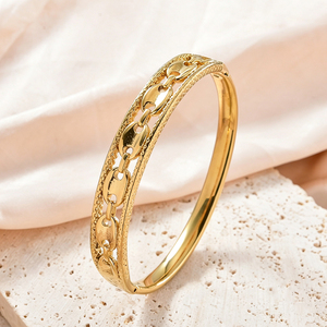 Fashion radiant sleek carved outer frame hollow oval link chain durable stylish customizable polished 18k gold <b>bangle</b> <b>bracelet</b> - Product Image 4
