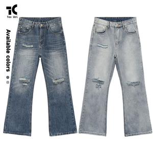 Jeans de Mezclilla de Algodón Unisex Estilo Hip Hop Retro Y2K, Corte Bootcut, Desgastados, Cintura Media, Ajuste Holgado, Pierna Ancha, Efecto 3D, Casual, para Hombre, OEM ODM - Product Image 1