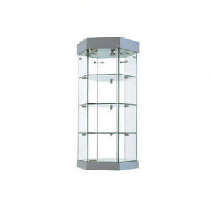 Vitrine de comptoir hexagonale 75 cm H 40 cm L en verre trempé gris clair avec 3 étagères et porte verrouillable - Product Image 2