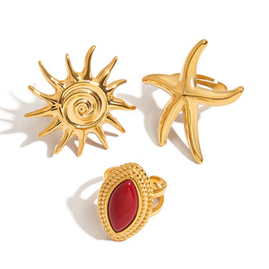 Yueli Sun Star Red Agate <b>Ring</b> <b>Set</b> Geometric <b>Gold</b> Tone Unisex Party Jewelry - Product Image 5