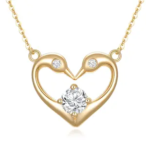 Fashion Advanced Jewellery Gift Zircon 14k Yellow Gold Heart Swan Necklace For Women