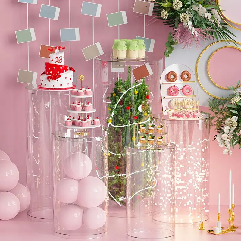 منصة عرض كعكة أسطوانية مخصصة لحفلات الزفاف بحاشية عرض من الأكريليك الشفاف بسعر الجملة