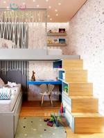 Lit superposé à structure décalée multifonctionnel intégré avec bureau, armoire de rangement et bibliothèque, fabrication sur mesure pour enfants