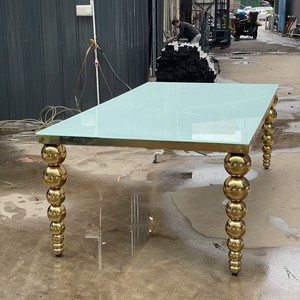 Factory New Hotel Hall Furniture Luxury Gold Stainless Steel Rectangular Glass Wedding Dining <b>Tables</b> And Chairs - Product Image 3