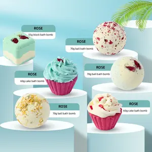 Label Pribadi Buatan Tangan Organik Fizzy Spa Gelembung Vegan Relaks Minyak Esensial Cupcake Bunga Mawar Kering Mewah Set Hadiah Bom Mandi