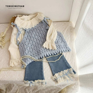 Tongxingyuan Girls 3 Piece Set Lace Collar Shirt Knitted Vest Flared Jeans Cotton Spring Outfit - Product Image 1