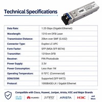 Transceptor de Fibra Óptica SFP de 1.25G Compatible con Cisco, 1310nm, Modo Único, Conector SC, 20KM, DDM, para Uso en Centros de Datos y Telecomunicaciones