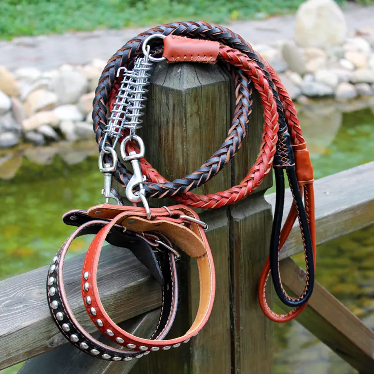 Custom Vegan Genuine Adjustable Braided Red Black Pet Dog Leather Collar And Leather Dog Leash Collar Set For Dog