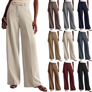 Pantalon taille haute à jambes larges, couleur unie, plissé en crêpe, coupe décontractée ample, longueur complète, fermeture éclair, pour femme, collection automne - Product Image 4