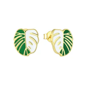 YL Custom Wholesale Enamel Stud Leaf Earrings Cute 925 Sterling Silver Metal 18k Gold Plated Leaf Earrings for Women