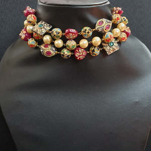 Antique Beaded Choker Set with Earrings Traditional Indian Bridal Wedding Jewelry Ethnic <b>Statement</b> <b>Necklace</b> Adjustable Fashion - Product Image 1