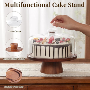 Support à gâteau en bois en gros, support à gâteau magnétique deux-en-un en bois d'acacia avec couvercle en dôme, supports à gâteau multifonctionnels en bois - Product Image 2