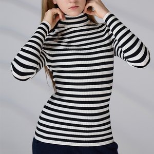 Usine de fabrication de pulls ODM OEM, pull à col roulé en coton 100%, manches longues, rayé, pour femmes et filles - Product Image 5