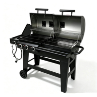 Barbecue d'extérieur robuste en acier, double combustible, 3 brûleurs, gaz propane et charbon de bois, avec fumoir, brûleur latéral et grande surface de cuisson, doté de deux couvercles.
