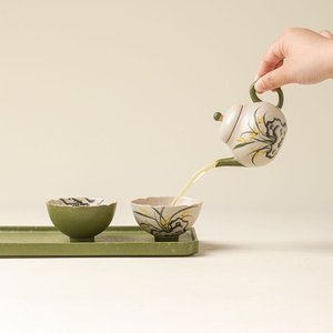 Service à thé Kung Fu en céramique, peint à la main sous glaçure, style rétro, théière en forme de poire et tasses, un pot et deux tasses - Product Image 4