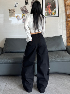 Jeans en denim à <span class=keywords><strong>taille</strong></span> <span class=keywords><strong>haute</strong></span> et jambes larges pour femmes, <span class=keywords><strong>coupe</strong></span> ample avec embellissement papillon en cristal - Product Image 2