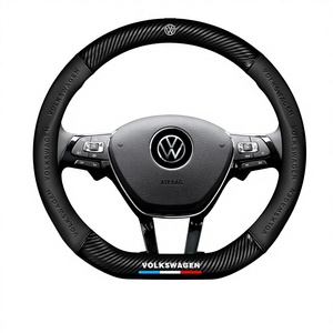 Poignées de guidon en cuir artificiel en fibre de carbone série Volkswagen, logo 5D en relief, emblème de voiture pour housse de <span class=keywords><strong>volant</strong></span> électrique - Product Image 1