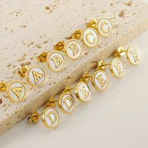 Fashion 18K Gold Plated Stainless Steel White Shell 26 English A-Z Letter Alphabet Initial Stud Earrings Jewelry for Women