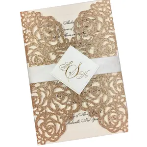 Tarjetas de invitación de corte láser con purpurina, tarjetas de boda personalizadas, de corte láser, color oro rosa, real y elegante