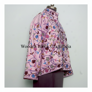 Abrigo Corto Informal de Terciopelo con Bordado Suzani para Mujer, Estilo Bohemio Floral, Moda Urbana, 100% Algodón, Cuello Alto Abierto - Product Image 1