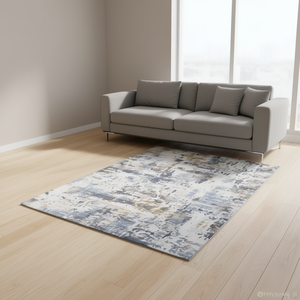 Tappeto Astratto Rettangolare 8x10 Avorio Blu Reversibile in Poliestere Realizzato a Macchina Stile Bohemien per Soggiorno Camera da Letto Ufficio - Product Image 2