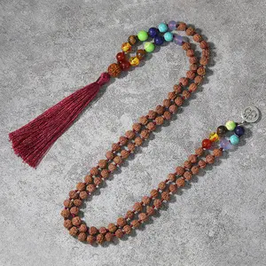 Religious Knotted Natural Rudraksha Wood Bead Tassel Meditation Chakra Gemstone Japamala Long 108 Mala Rosary Necklace for Men