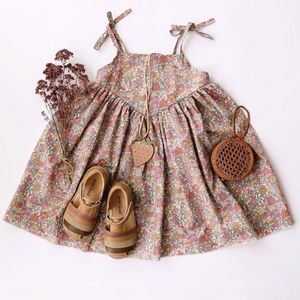 Vintage Floral Cotton Linen Girls Sleeveless Dress Shoulder Tie V Shape Toddler Summer Dress - Product Image 1