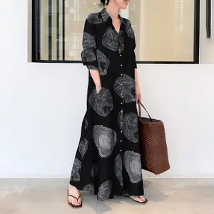 Wholesale New Hot Large Women's Muslim Cotton And Linen Printing Long-sleeved Simple Loose Casual Long Shirt Floral Dress