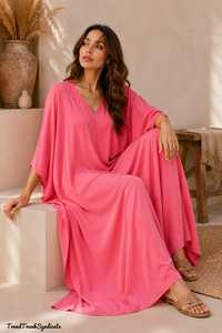 Vestido Caftán Rosa Claro de Lino/Algodón para Mujer, Cuello en V, Corte Regular, Tejido de Punto Maxi, Silueta en A, Ecológico, Informal, para Fiesta - Product Image 3