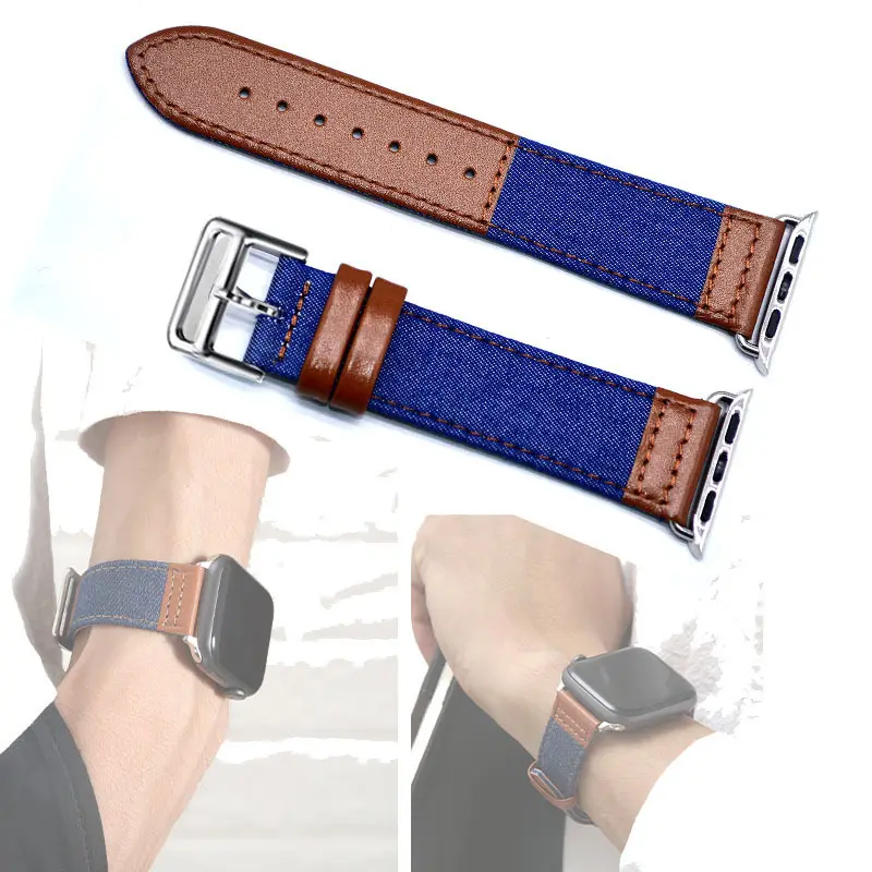 OEM के लिए डेनिम कैनवास असली लेदर प्रतिस्थापन पट्टा Iwatch 7 एप्पल के लिए 6 फैशन डिजाइनर Watchband घड़ी 7 6 5 एसई