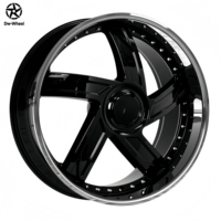 Jantes en alliage forgé DW Deep Convace Dish Lip, 24 et 26 pouces, noir brillant avec lèvres en acier inoxydable pour Dodge Challenger Ford Mustang