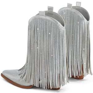 <span class=keywords><strong>Stivali</strong></span> da Cowgirl da Donna con Strass e Frange Scintillanti, Punta Affusolata, <span class=keywords><strong>Tacco</strong></span> Grosso, Modello Pull-On per Polpaccio <span class=keywords><strong>Largo</strong></span>, Botas Vaqueras - Product Image 4
