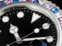 Montre automatique mécanique de plongée de luxe multifonctionnelle avec logo personnalisé, lunette incrustée de pierres précieuses arc-en-ciel, bracelet en cuir, verre