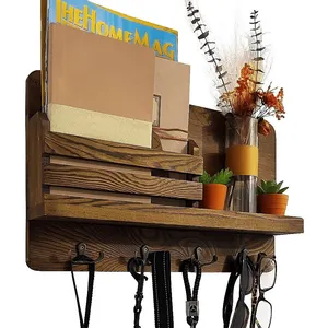 壁挂式木制农舍邮件组织者，带搁板和挂钩，供厨房使用-关键皮带衣架和信件