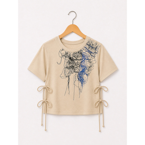 Women Printed Crop Top Casual Short Sleeve <b>Tie</b> Side T-shirt Fashion Round <b>Neck</b> Summer Top for Ladies Everyday Wear - Product Image 1